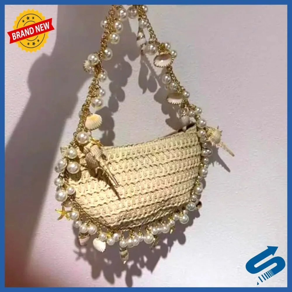 Handmade Straw Tote Bag Bohemian Beach Purse with Shell Pearl Embellishments